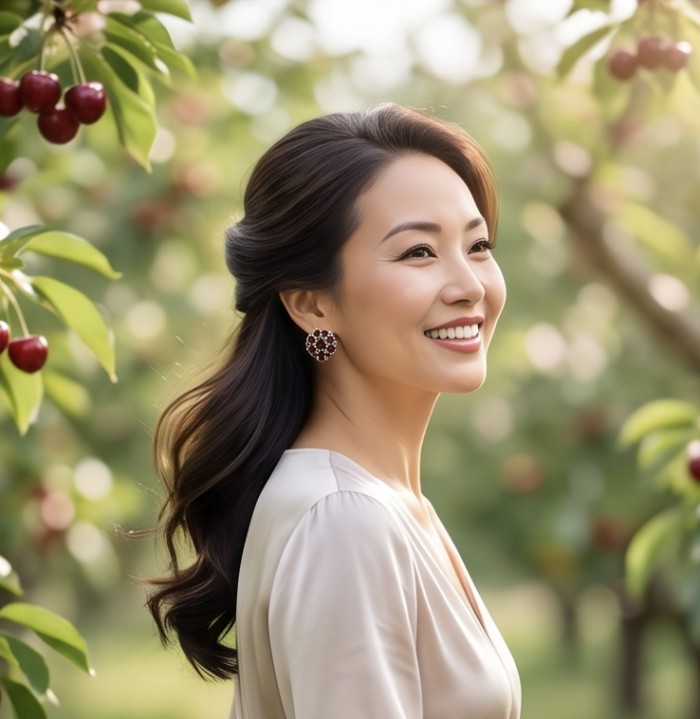 María Rosa - Real Art - Natural 20.2 carat Garnet from Madagascar .925 Sterling Silver handcrafted Large Statement earrings - Woman wearing María Rosa earrings, side view in a cherry orchard.
