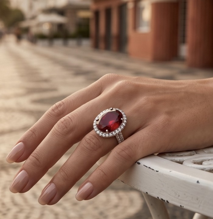 Red Empress 25.7 ctw oval cut Mozambique Ruby .925 Sterling Silver handcrafted Statement Ring size 7 1/4 - Worn on hand: Red Empress 25.7 ctw oval Mozambique Ruby ring.