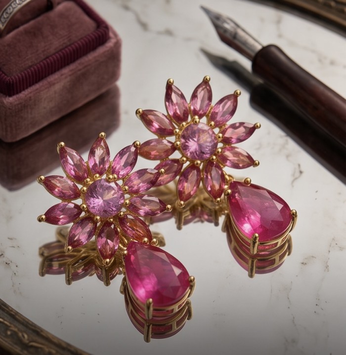 Giovanna - Magnificent floral design- 10.2 carat Kasmir Ruby .925 Sterling Silver dippedin 22K Gold handcrafted incredible Statement earrings - Floral earrings with pink gemstones and gold.