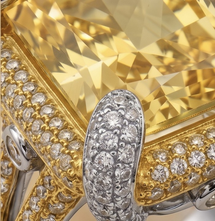 Carolyn - stunning 29.8 carat Genuine Yellow Sapphire rhodium over .925 Sterling Silver handcrafted ring size 7 - Close-up of yellow sapphire with diamond-encrusted setting.
