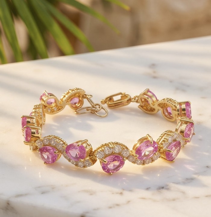Luxurious 31.4 carat Pink Sapphire .925 Sterling Silver dipped in 18K Gold handcrafted Bracelet - Luxurious pink sapphire bracelet, clasp detail on marble surface