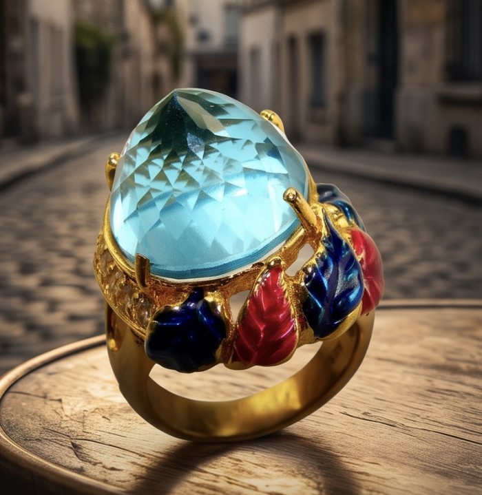 Pacifica - Authentic Fancy Rose cut 27.5 carat Swiss Blue Topaz Enamel 22K Gold over .925 Sterling Silver handcrafted Large Statement ring size 7 - Stone close-up of a ring with blue gem and colorful leaf accents