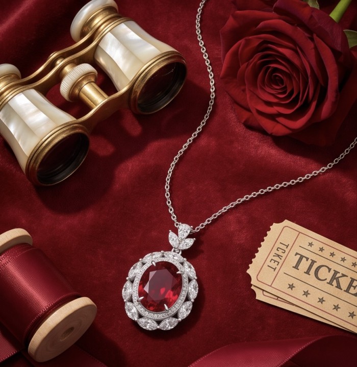 Luxurious 17.9 carat natural Mozambique Ruby .925 Sterling Silver .925 Sterling Silver Statement Necklace - Luxurious Mozambique ruby necklace with accessories on rich red fabric