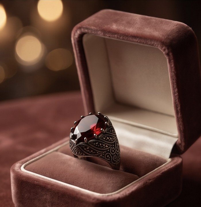 Celestrial Energy Natural 29.4 carat Garnet Marcasite .925 Sterling Silver handmade Large Statement Ring size 7 - Close-up of 29.4 carat garnet ring in an open velvet box