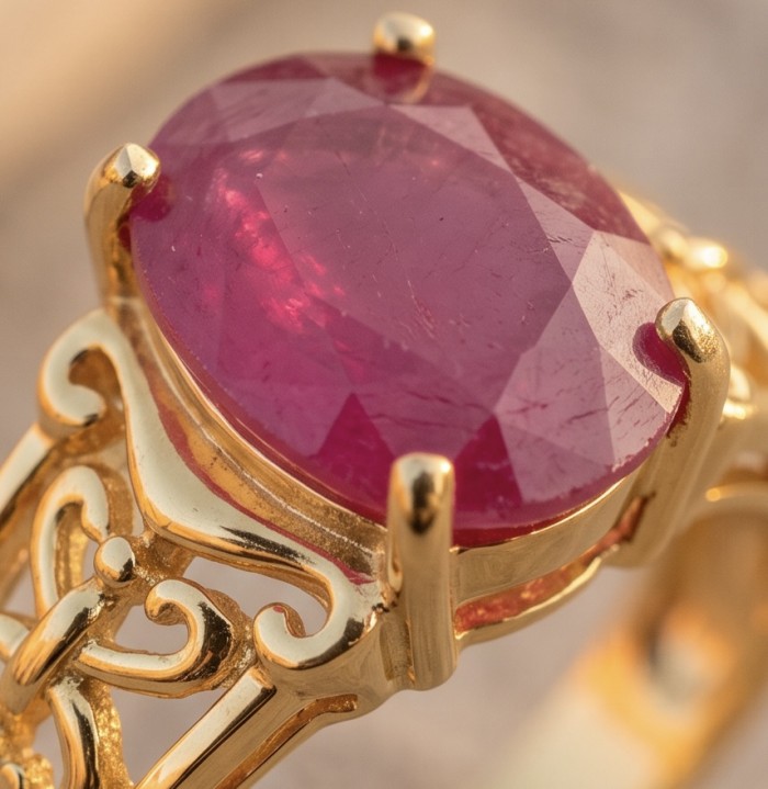 Carmen Natural 11.4 carat Kasmir Ruby .925 Sterling Silver dipped in 22K Gold handmade Statement Ring size 8 - Close-up of 11.4 carat Kasmir Ruby in ornate gold setting.