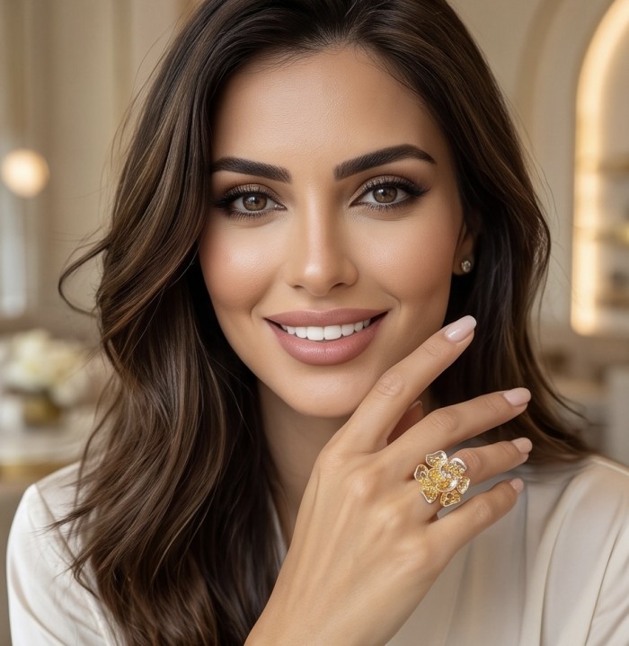 GOLDEN ROSE - Dubai Style - .925 Sterling Silver dipped in 22K Gold handmade Large ring size 6 - Woman wearing GOLDEN ROSE ring, front view.