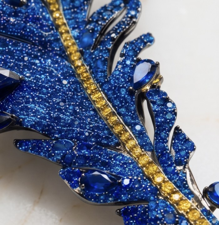 Magic Blue Feather Large 10.8 carats pave Sapphire .925 Sterling Silver DIPPED IN RHODIUM handmade Pendant - Brooch - Close-up of Magic Blue Feather jewelry with sapphires and yellow accents.