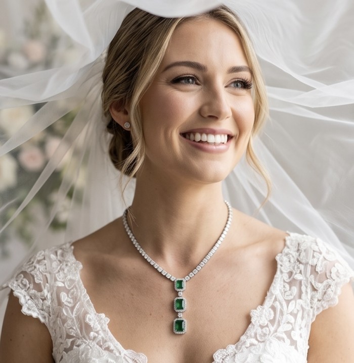 Ofelia - Authentic 10.5 CARAT natural Colombian Emerald .925 Sterling Silver handcrafted necklace - Bride wearing Ofelia 10.5 carat Colombian Emerald necklace