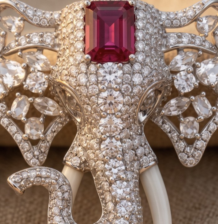 Attract YOUR Luck - ELEPHANT- 5.2 CARAT Ruby .925 Sterling Silver dipped in rhodium handcrafted Pendant Brooch - Elephant jewelry with close-up on ruby and diamond details