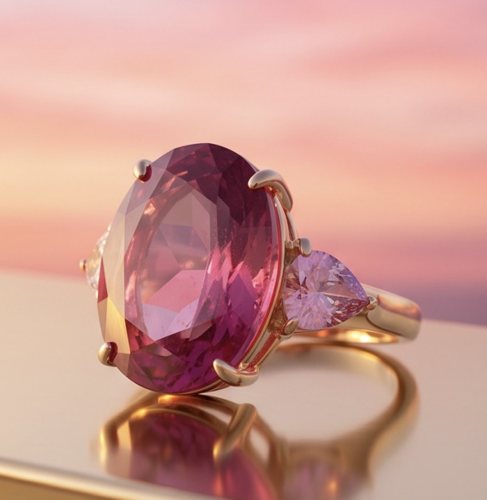 Pink Rhapsody Natural 21.6 carat Pink Sapphire .925 Sterling Silver dipped in 18K Rose Gold handmade Statement Ring size 8 1/4 - Close-up of pink sapphire ring with side view of setting