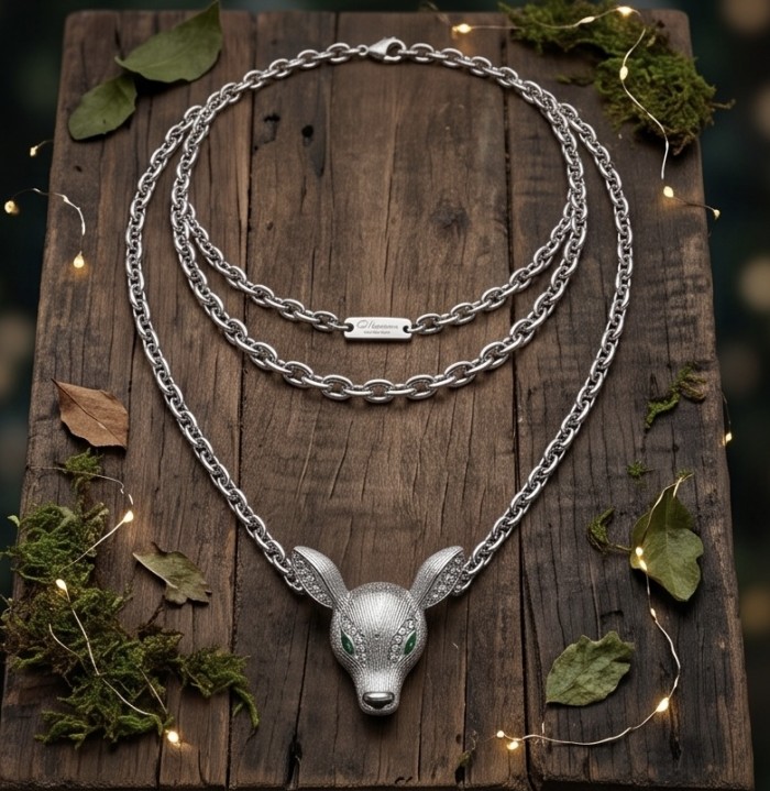 Deer'S Head 0.7 carat Emerald .925 Sterling Silver handmade Statement necklace - Deer's head necklace with emerald eyes on wood, top view with leaves and lights.