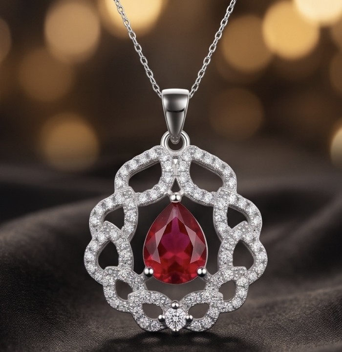 3.8 carat authentic Mozambique Ruby rhodium over .925 Sterling Silver handmade Pendant - Elegant pendant with Mozambique ruby and diamonds, front view