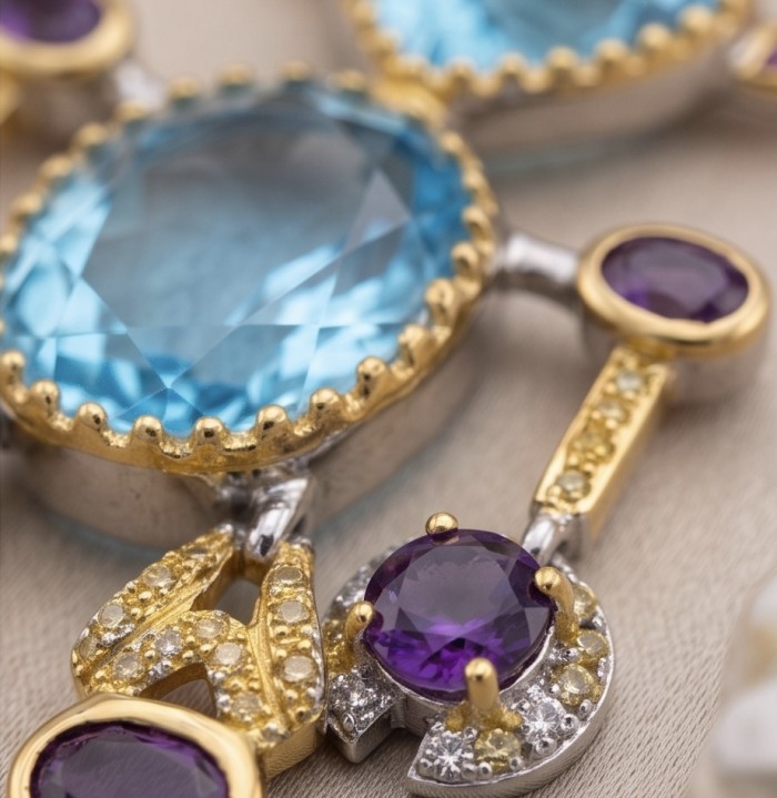 New Age Friend 40.2 carat GEMSTONES 18k Gold over .925 Sterling Silver dipped in Rhodium handmade Pendant - Stone close-up of New Age Friend 40.2 carat gemstones in gold setting.