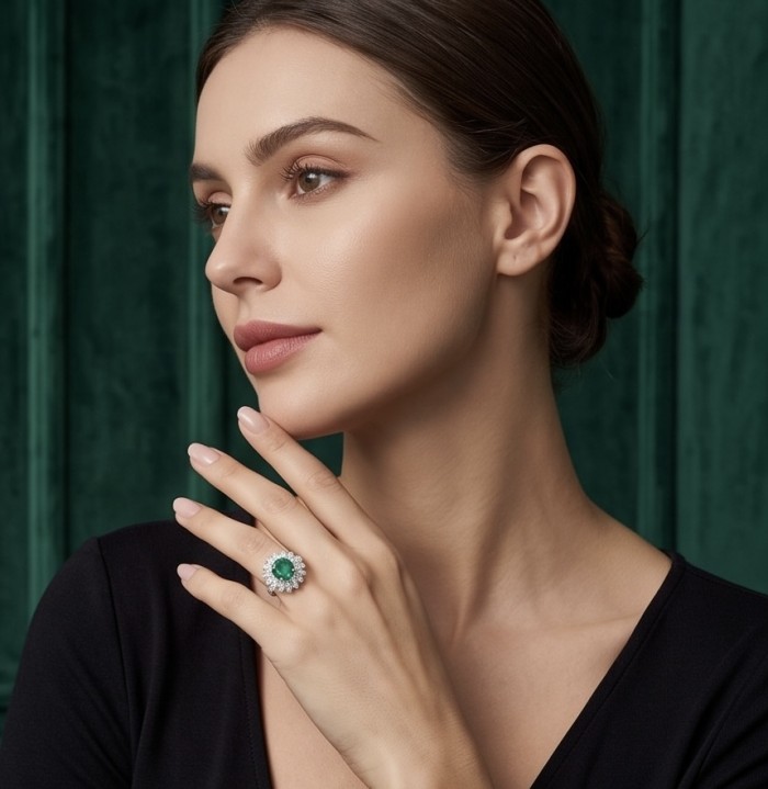 Estelle - Authentic 10.6 carat COLOMBIAN EMERALD .925 Sterling Silver dipped in rhodium handcrafted Ring size 6 1/4 - Woman wearing Estelle Colombian emerald ring, side view, hand near face.