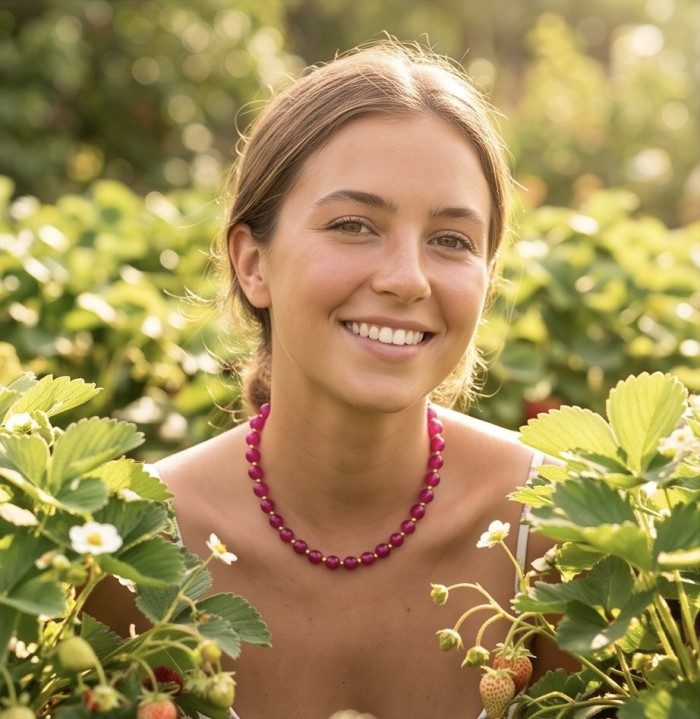 Outstanding Pink Tourmaline 10K Gold over .925 Sterling Silver handcrafted Statement necklace - Woman in field wearing pink tourmaline necklace, front view.