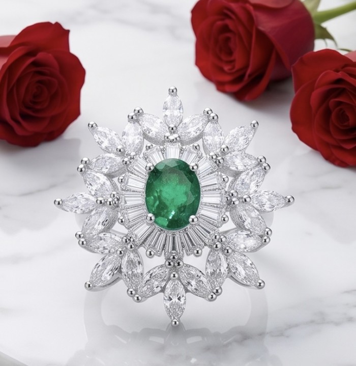 Ofelia - Authentic 5.5 CARAT natural Colombian Emerald .925 Sterling Silver dipped in rhodium handcrafted Ring size 8 - Close-up of Ofelia ring with emerald and diamonds, surrounded by red roses.