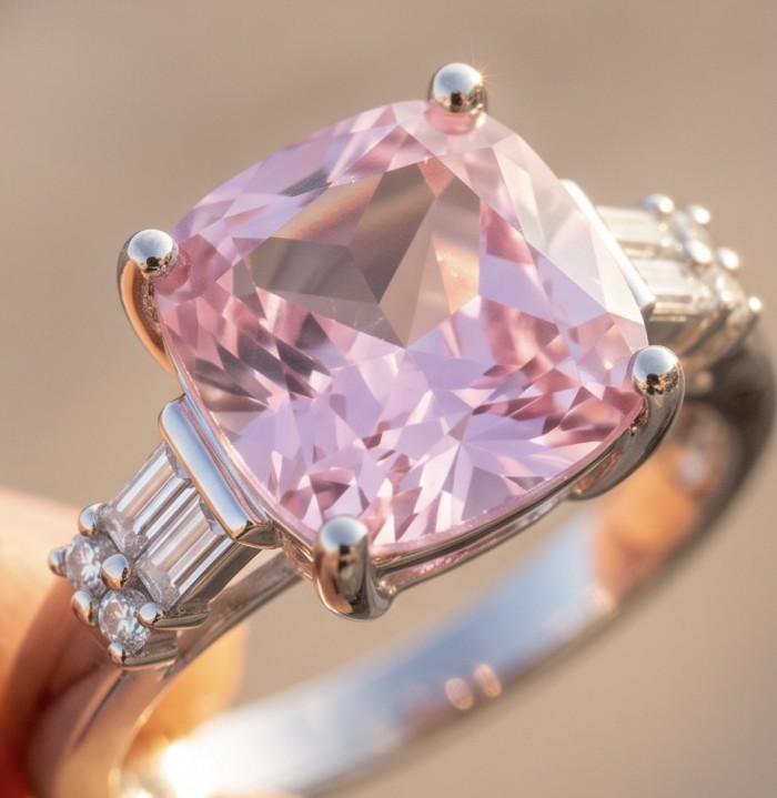 Anastasia ssscher cut 6.8 carat Pink Sapphire .925 Sterling Silver dipped in Rhodium Handcrafted Statement Ring size 7 - Close-up of pink sapphire ring with .925 sterling silver band