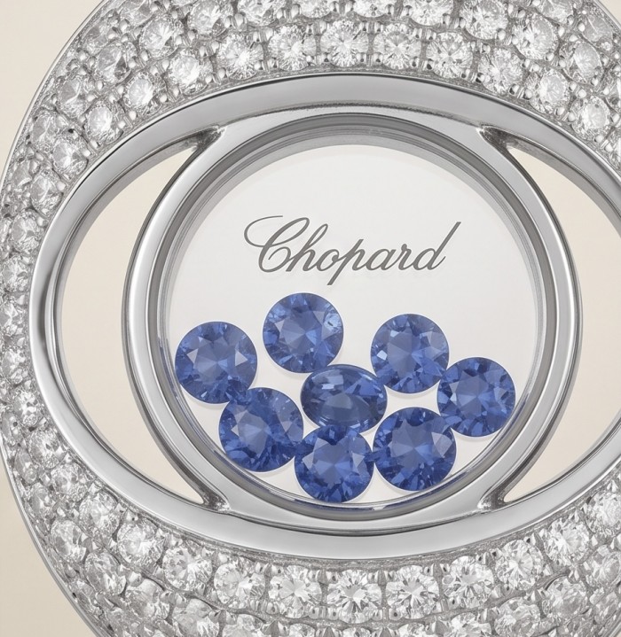 Floating Memories 11.5 carat Sapphire .925 Sterling Silver Handcrafted Statement earrings - Close-up of Chopard pendant with blue sapphires and diamond accents