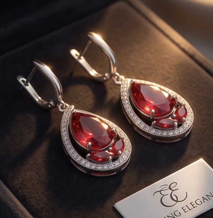 Vintage style - Giovanna - 6.8 carat Red .925 Sterling Silver handcrafted earrings - Red gemstone earrings in box, close-up, vintage style, sterling silver.