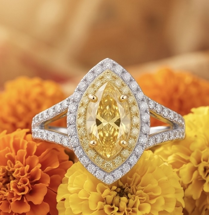 Luxurious marquise cut 4.5 carat Yellow Sapphire rhodium over .925 Sterling Silver handcrafted ring size 6 - Close-up of 4.5 carat yellow sapphire ring with marquise cut stone