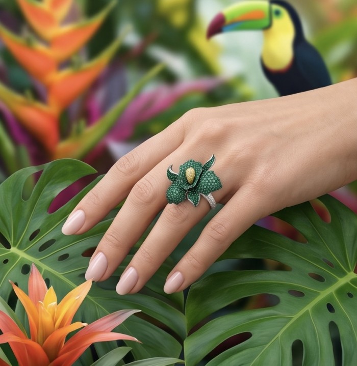 Precious Orchid Bloosom Genuine pave 18.5 carat Emerald .925 Sterling Silver handmade LARGE Statement Ring size 7 - Orchid ring with emerald stones worn on hand, tropical background.