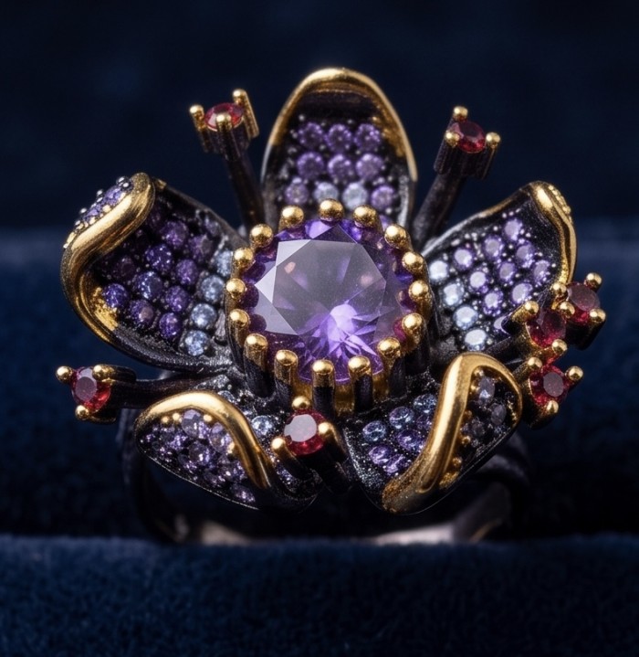 Exotic Flower 4.2 carat Amethyst .925 Sterling Silver dipped in Rhodium 18K Gold Handcrafted Ring size 8 - Close-up of exotic flower amethyst ring with intricate gemstone details.