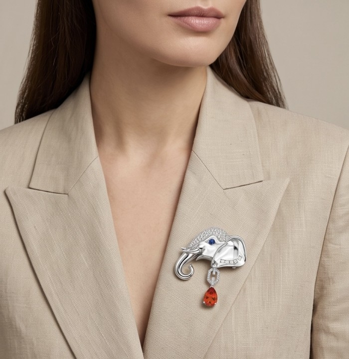 Attract YOUR Luck - ELEPHANT- 4.2 CARAT Ruby 0.4 carat Sapphire .925 Sterling Silver dipped in rhodium handcrafted Pendant Brooch - Elephant brooch with ruby, worn on beige blazer.