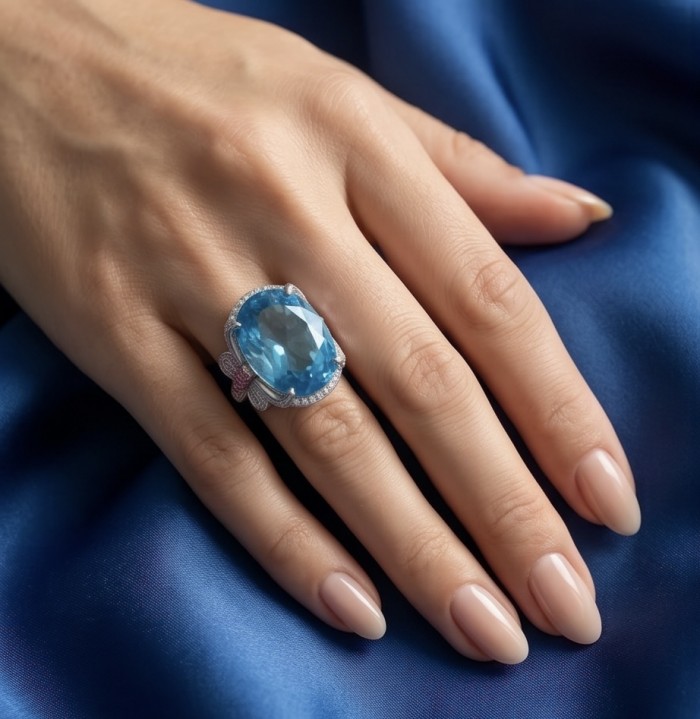 Pacifica - Authentic 30.8 carat Swiss Blue Topaz Rhodium over .925 Sterling Silver handcrafted Large Statement ring size 7 1/4 - Worn on hand: Swiss Blue Topaz ring with silver accents on blue fabric.
