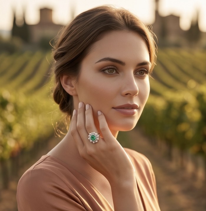 Authentic 7.5 CARAT natural Colombian Emerald 4.2 Moissanite .925 Sterling Silver handcrafted Ring size 7 - Woman wearing Colombian emerald and moissanite ring, vineyard background.