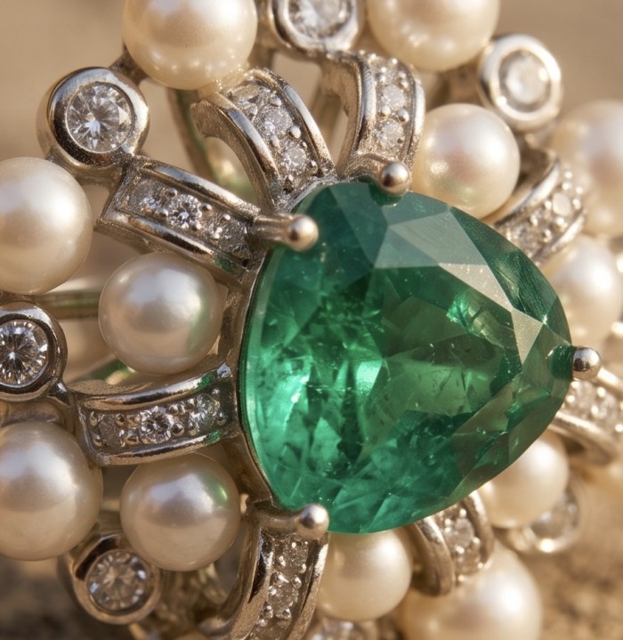 Authentic 7.5 CARAT natural Colombian Emerald 4.2 Moissanite .925 Sterling Silver handcrafted Ring size 7 - Close-up of Colombian emerald with pearls and moissanite accents