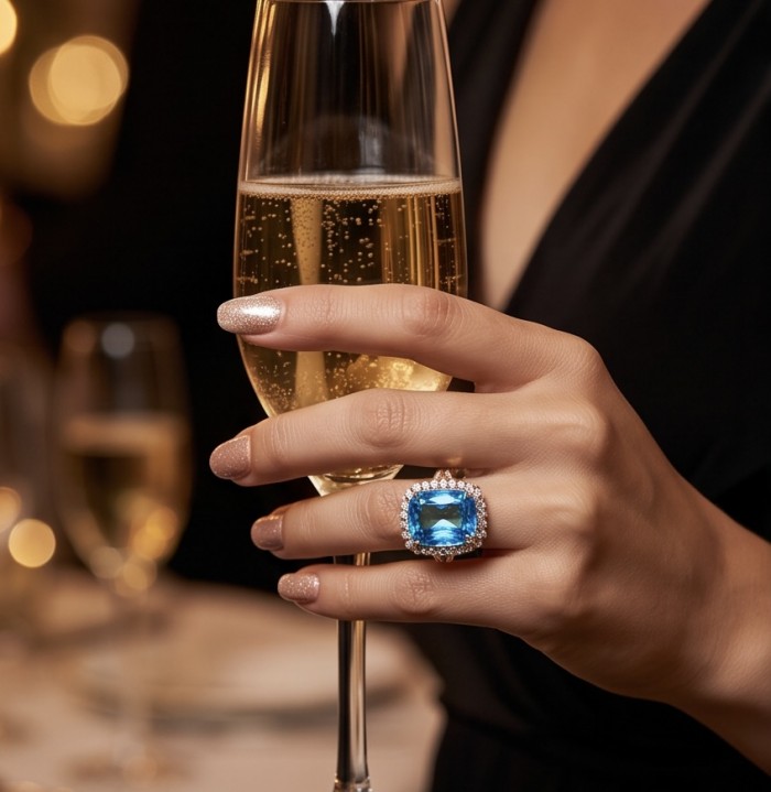 The Ocean Empress 47.8 carat Swiss Blue Topaz 22K Gold over .925 Sterling Silver handcrafted ring size 5 1/2 - Worn on hand, Ocean Empress 47.8ct blue topaz ring with 22K gold.