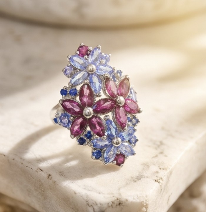 María Rosa - Natural 18.7 carat Tanzanite Garnet .925 Sterling Silver handcrafted Statement brilliantly Statement Ring size 7 1/4 - Close-up of floral ring with tanzanite and garnet on a marble surface.