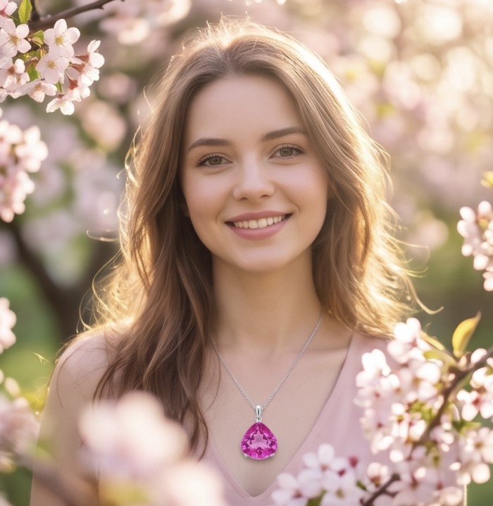 Incredible pear cut 20.2 carat Pink Sapphire .925 Sterling Silver handcrafted pendant - Woman wearing 20.2 carat pink sapphire necklace in a garden setting.