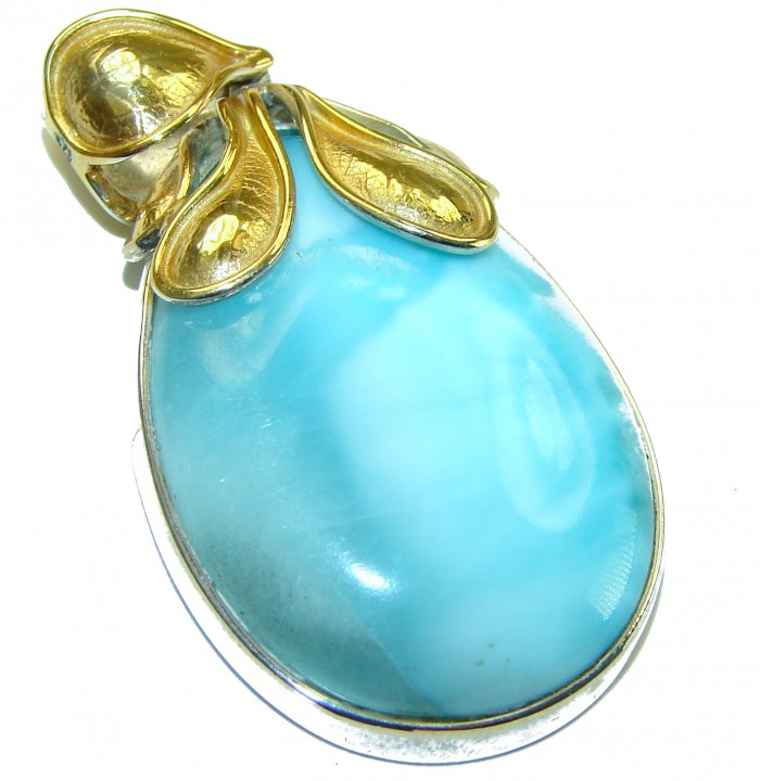 Vintage Beauty genuine Blue Larimar 14K Gold over .925 Sterling Silver handmade Pendant - photo 3