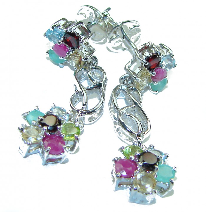 Luxurious Floral design Authentic Ruby Emerald .925 Sterling Silver handcrafted Statement earrings - photo 3