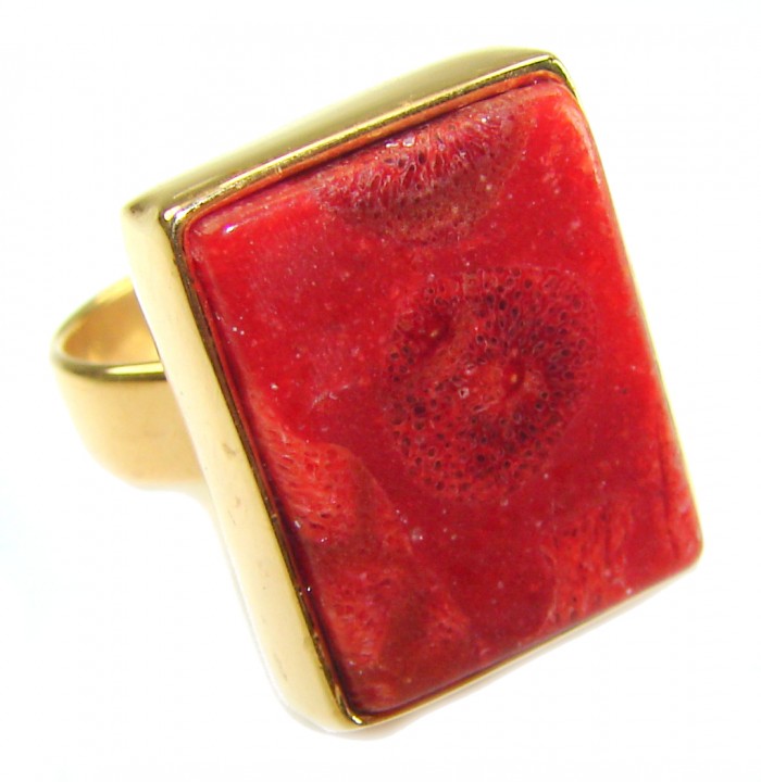Bochic Style Natural Fossilized Coral .925 Sterling Silver handmade ring s. 8 adjustable - Fossilized coral ring close-up, rectangular stone with gold setting.