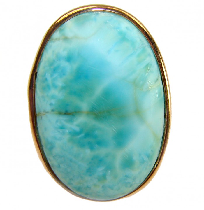 Blue Perfection - Blue Larimar 18K Gold over .925 Sterling Silver handmade Large ring size 7 adjustable - Stone close-up of Blue Larimar with 18K Gold over Sterling Silver