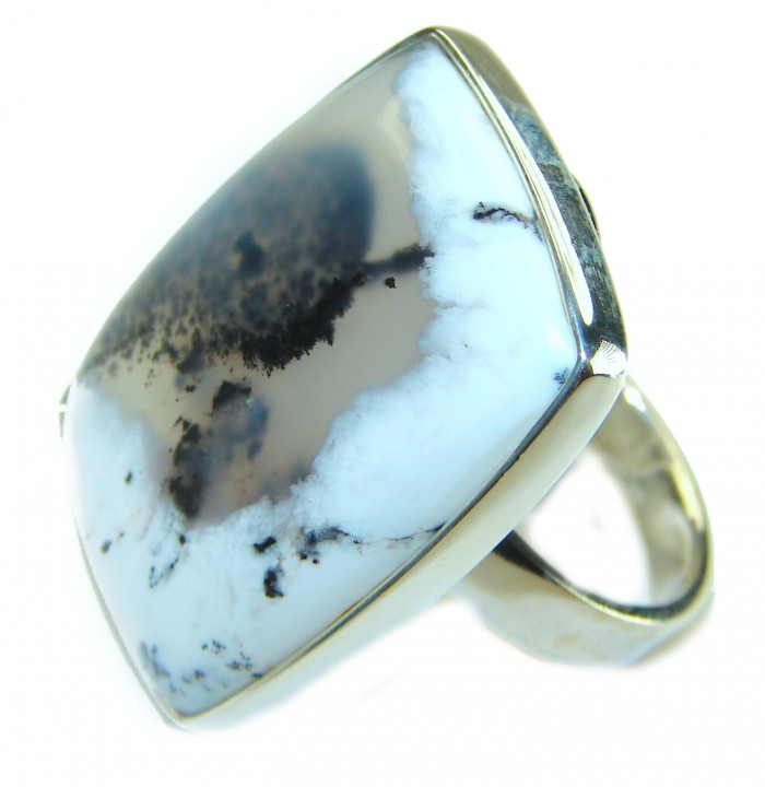 LARGE Top Quality Dendritic Agate .925 Sterling Silver handcrafted Ring s. 7 adjustable - Close-up of a large dendritic agate ring in sterling silver setting.