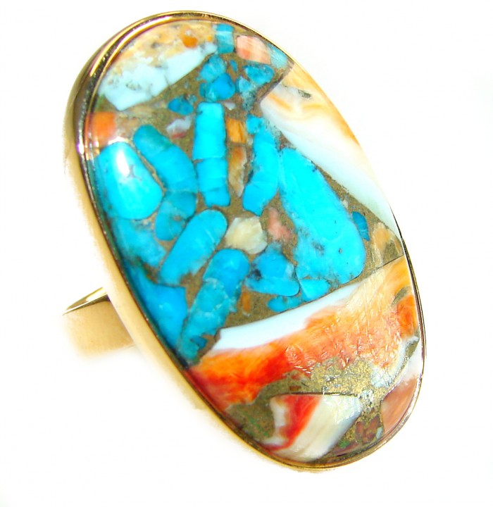Rare 29.5 carat Oyster Turquoise 18K Gold over .925 Sterling Silver handcrafted Large ring; s. 8 adjustable - Close-up of rare 29.5 ct oyster turquoise ring in 18K gold over sterling.