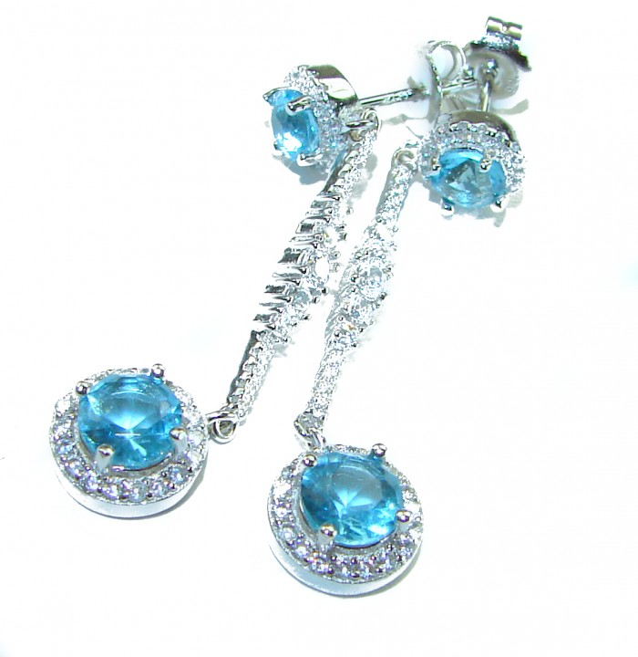 Eau Pure 4.5 carat Swiss Blue Topaz .925 Sterling Silver Handcrafted Earrings - Swiss Blue Topaz earrings, front view, highlighting stones and design