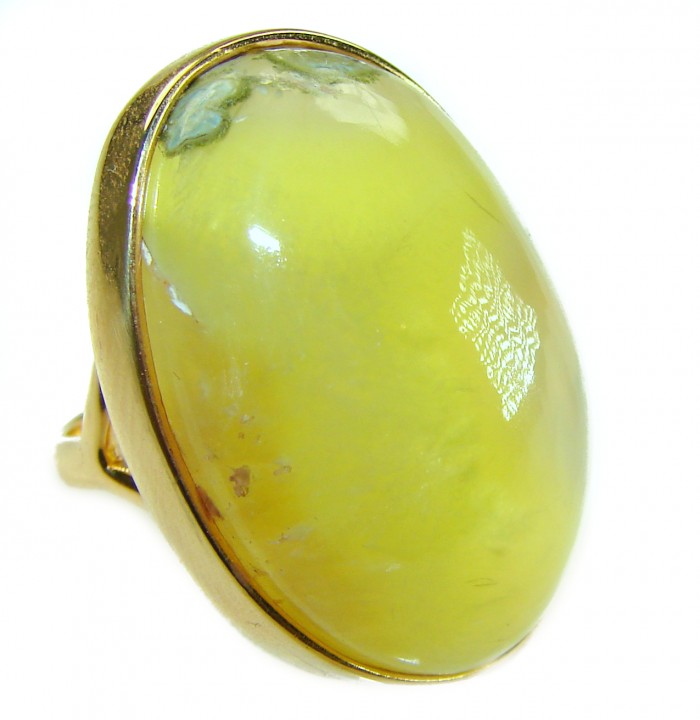 Outstanding LARGE 45.5 carat Natural Prehnite 14K Gold over .925 Sterling Silver handmade ring s. 8 - Large Prehnite ring in 14K gold, stone close-up view.