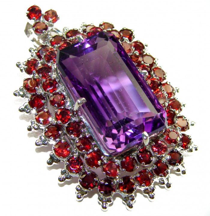 Mademoiselle - Vintage Design 32.4 CARAT authentic Amethyst .925 Sterling Silver handcrafted Pendant - Close-up of vintage amethyst and red gemstone brooch, front view