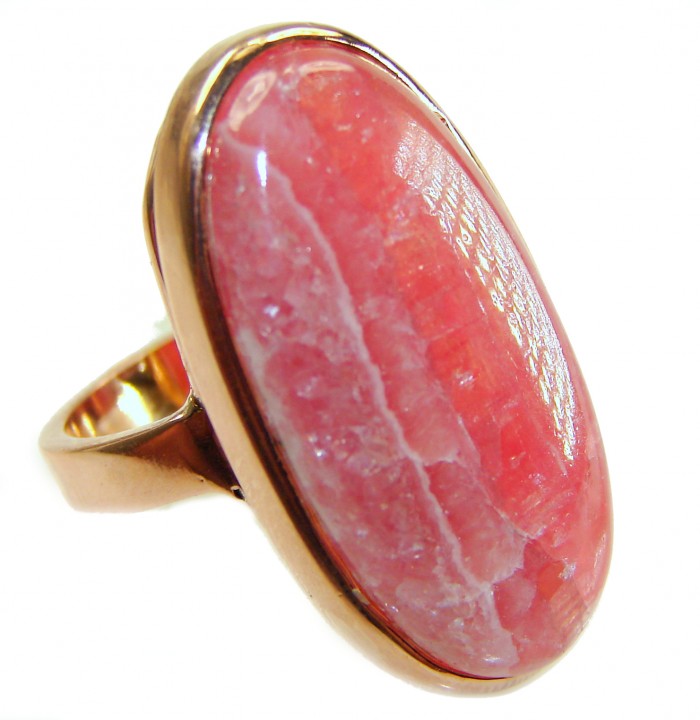 Large top quaity Argentinian Rhodochrosite 18K Gold over .925 Sterling Silver handmade ring size 8 ADJUSTABLE - Close-up of Argentinian Rhodochrosite ring in 18K gold setting