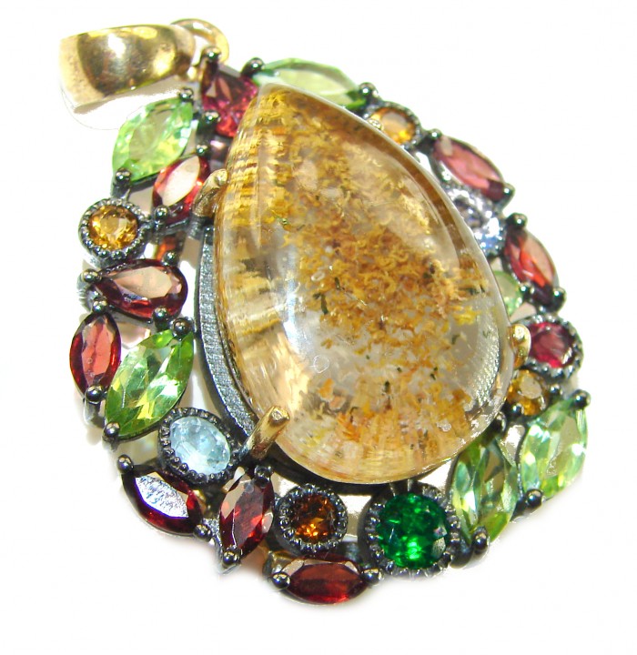 Incredible authentic Phantom Quartz .925 Sterling Silver dipped in 14K Gold handmade pendant - Close-up of Phantom Quartz sterling silver pendant with multicolor stones.
