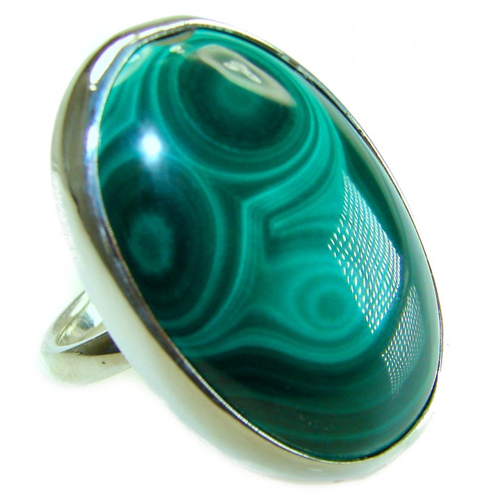 39.2 CARAT genuine Malachite from Utah .925 Sterling Silver handcrafted ring size 8 adjustable - Close-up of 39.2 carat malachite ring in .925 sterling silver.