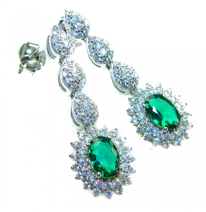 Gabriella 5.2 carat authentic Emerald rhodium over .925 Sterling Silver handcrafted Statement earrings - Emerald earrings with diamond accents, front view, rhodium over silver.