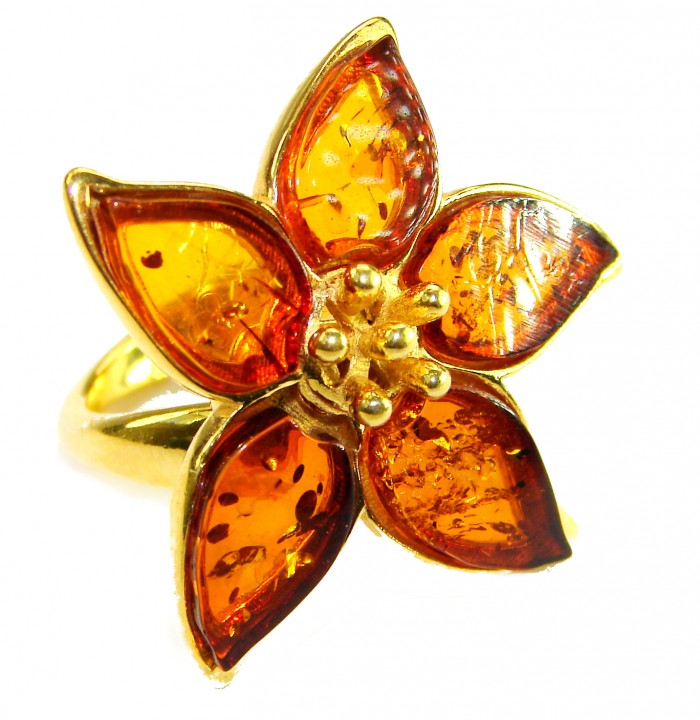 Summer Friday Authentic Baltic Amber 18K Gold over .925 Sterling Silver handcrafted ring; s. 7 adjustable - Baltic amber flower ring, 18K gold, top view close-up.
