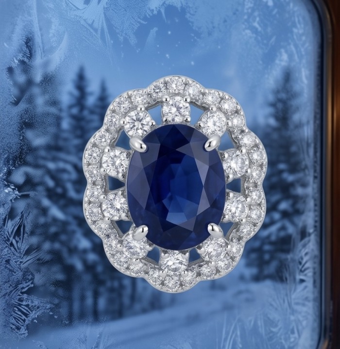 Giovanna - Authentic oval cut 4.8 carat Tanzanite .925 Sterling Silver handcrafted earrings - Close-up of 4.8 carat tanzanite ring with diamond halo set in sterling silver.