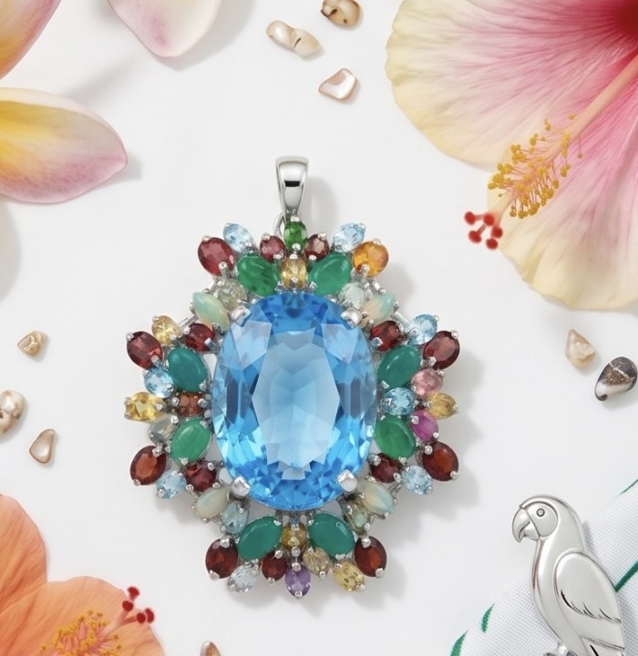 Oceania oval cut 47.8 carat Swiss Blue Topaz .925 Sterling Silver dipped in rhodium Handcrafted Pendant Brooch - Close-up of Oceania pendant with Swiss Blue Topaz and colorful gemstones