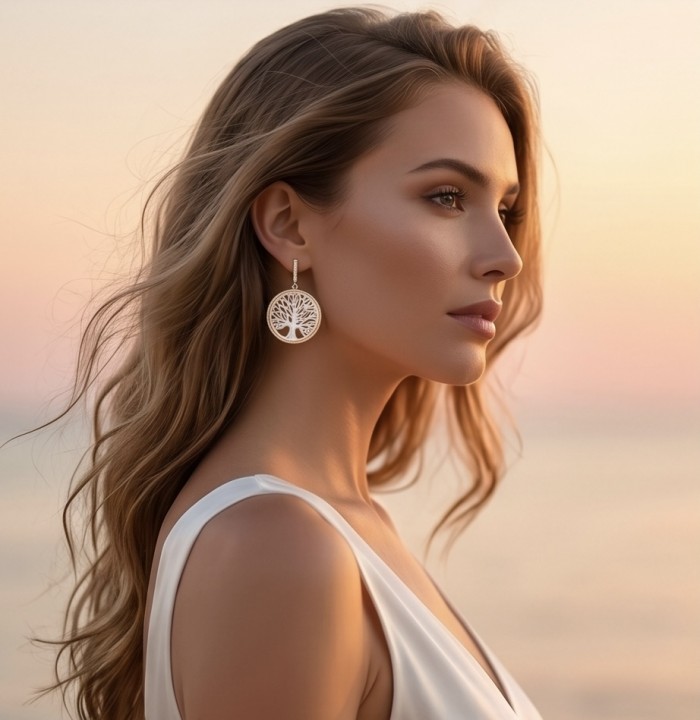 Family Tree - Large - Sublime Blister Pearl 18K Gold over .925 Sterling Silver handcrafted Earrings - Side view of woman wearing Family Tree earrings, sunset background